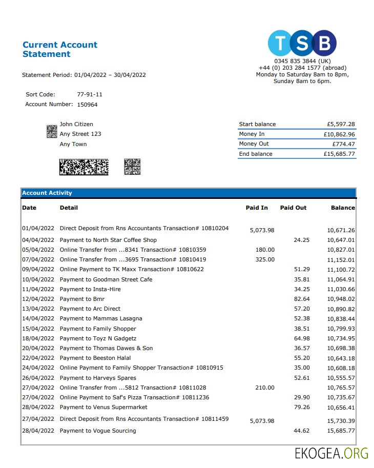 Relevé bancaire du TSB du Royaume Uni, Excel